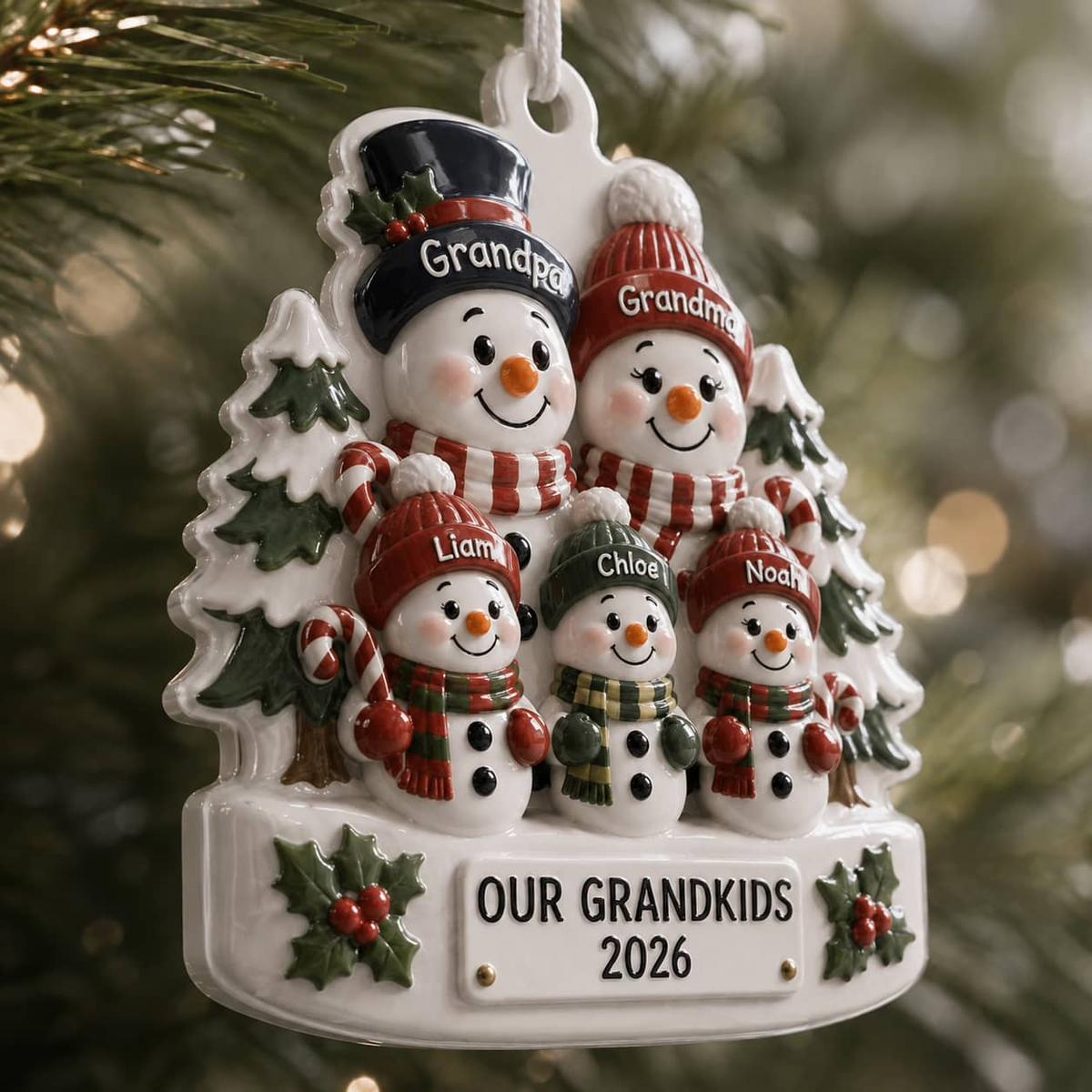 Snowman Grandparents and Grandkids Christmas Tree Keepsake - 3D Relief Ornament