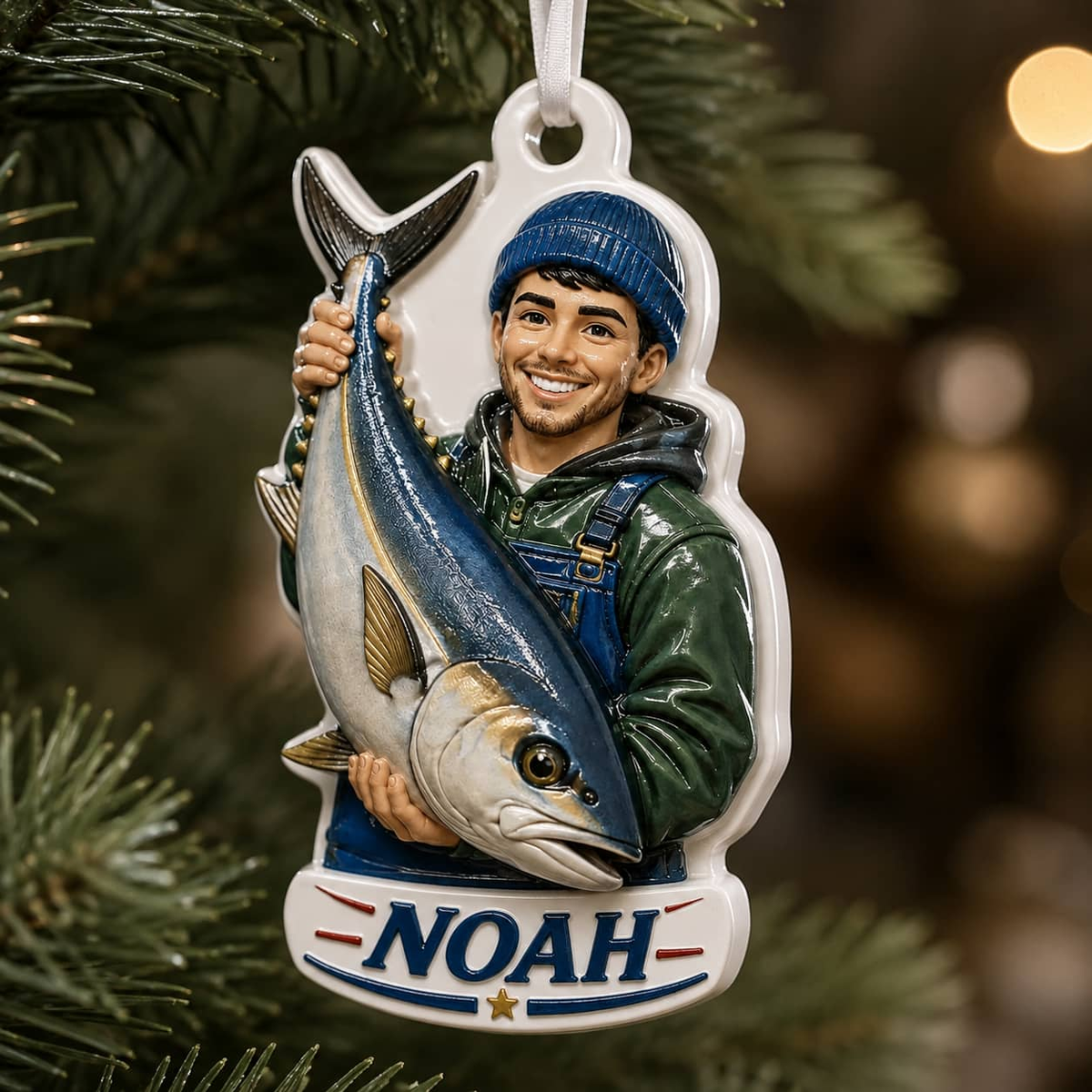 Fisherman Christmas Tree Keepsake Holding Saltwater Tuna Catch - 3D Relief Ornament