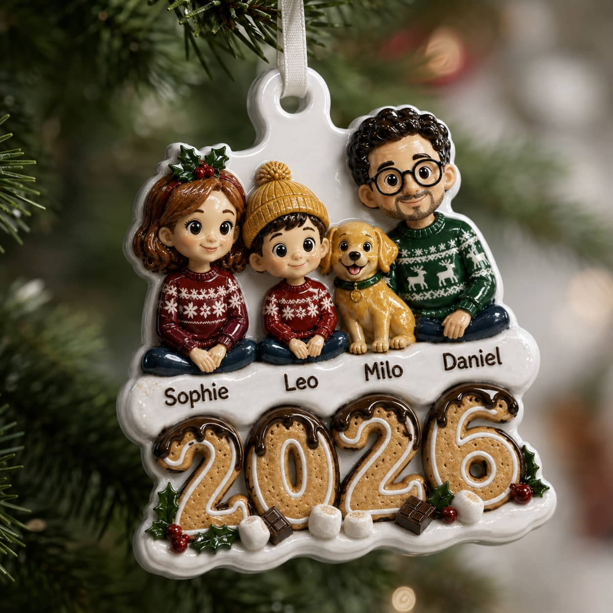 Family and Dog Christmas Tree Keepsake, 2026 Gingerbread Holiday Decor - 3D Relief Ornament