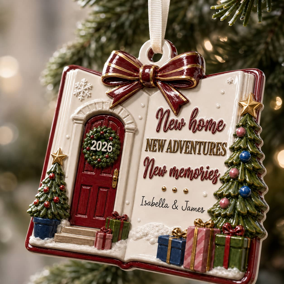 New Home Keepsake, Open Book Shape Red Front Door and Tree Holiday Decor - 3D Relief Ornament