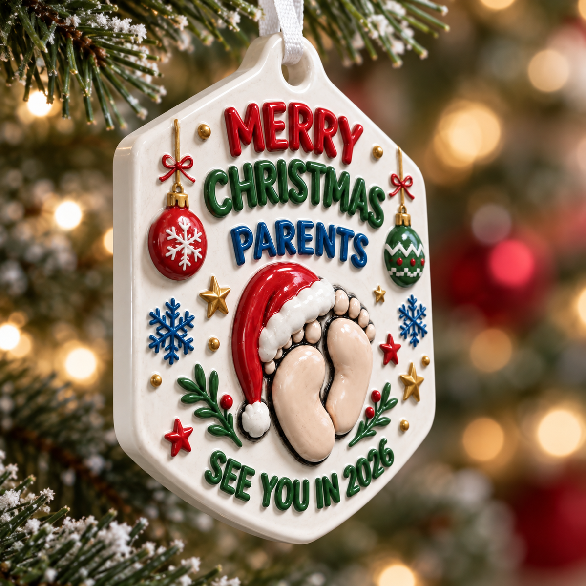 Expecting Parents 2026 Baby Footprint Christmas Tree Hanging Plaque - 3D Relief Ornament