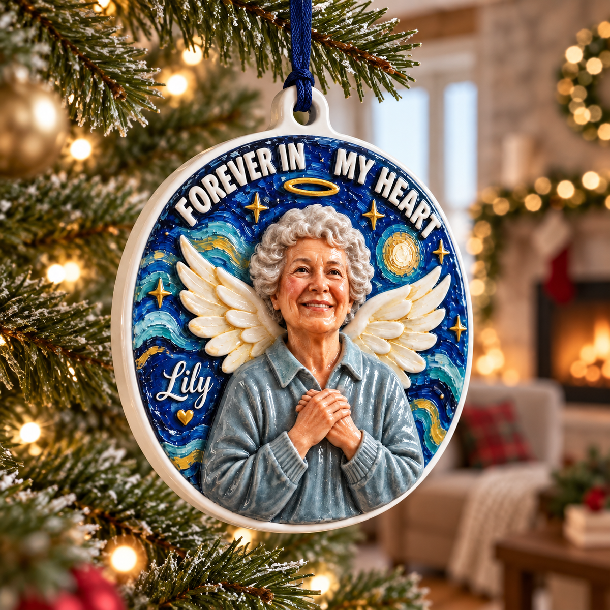 Memorial Angel Portrait Forever In My Heart Hanging Tree Medallion - 3D Relief Ornament
