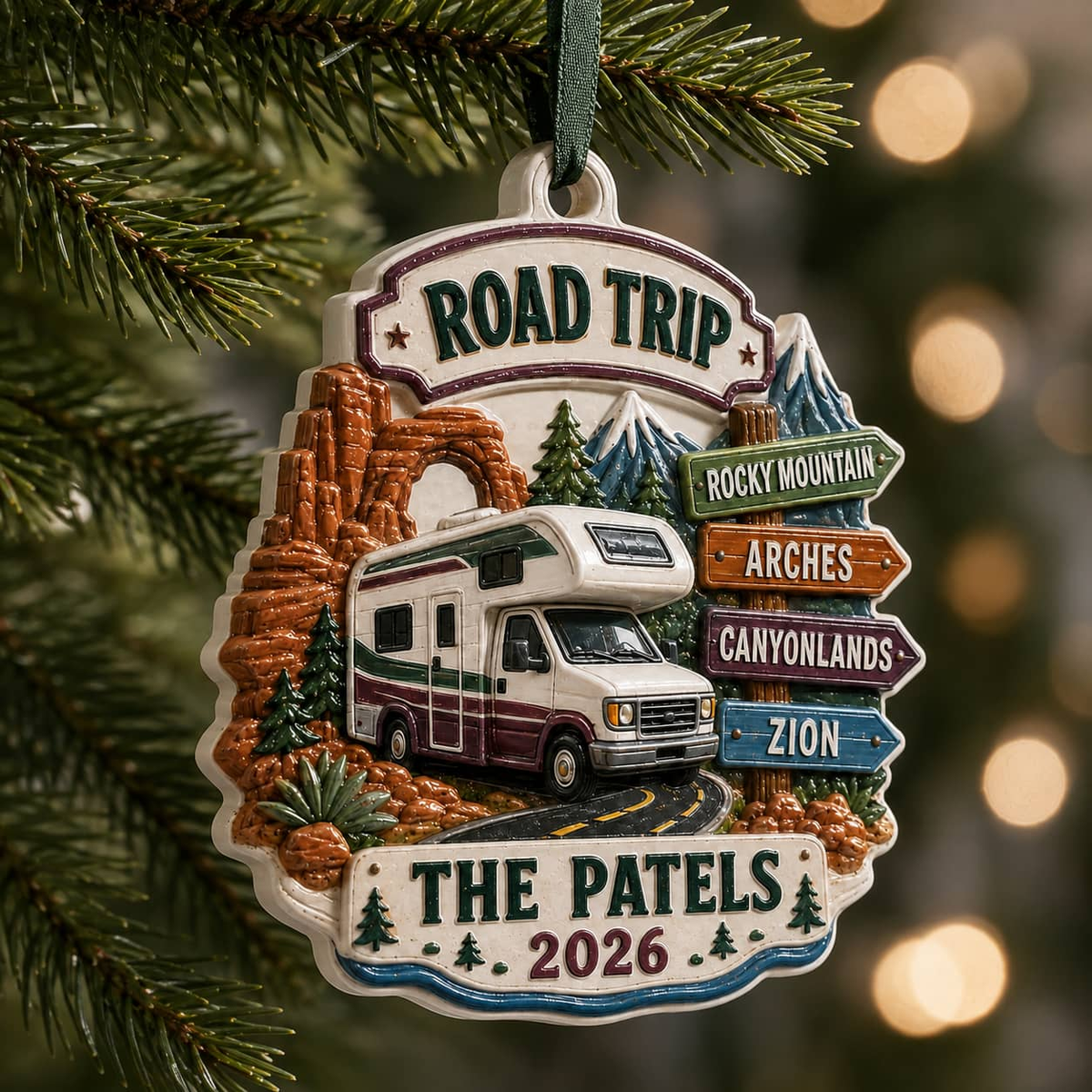 Road Trip Camper Keepsake, Motorhome and National Park Signs Hanging Decor - 3D Relief Ornament