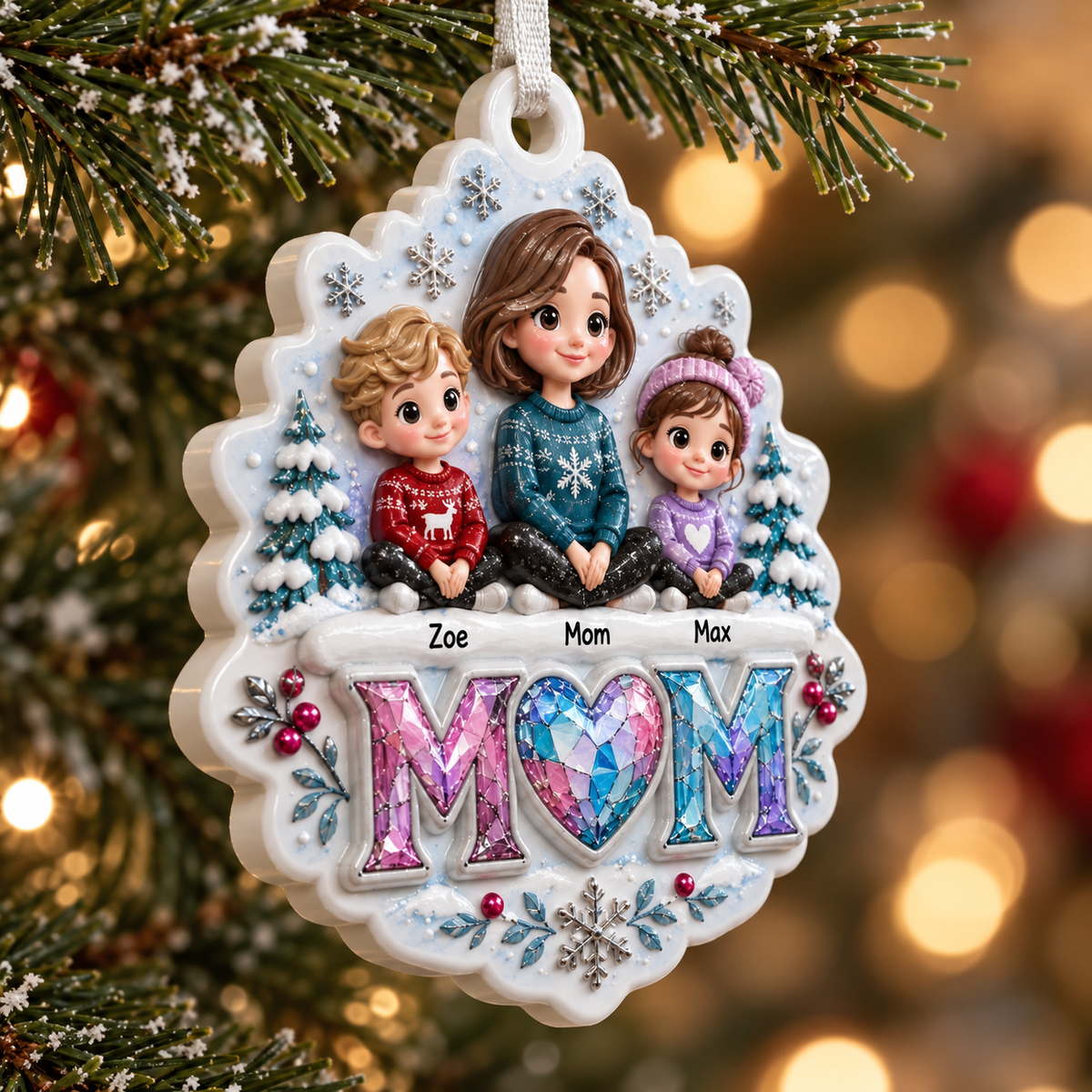 Mom and Two Children Winter Family Tree Hanging Decor with Snowflakes - 3D Relief Ornament