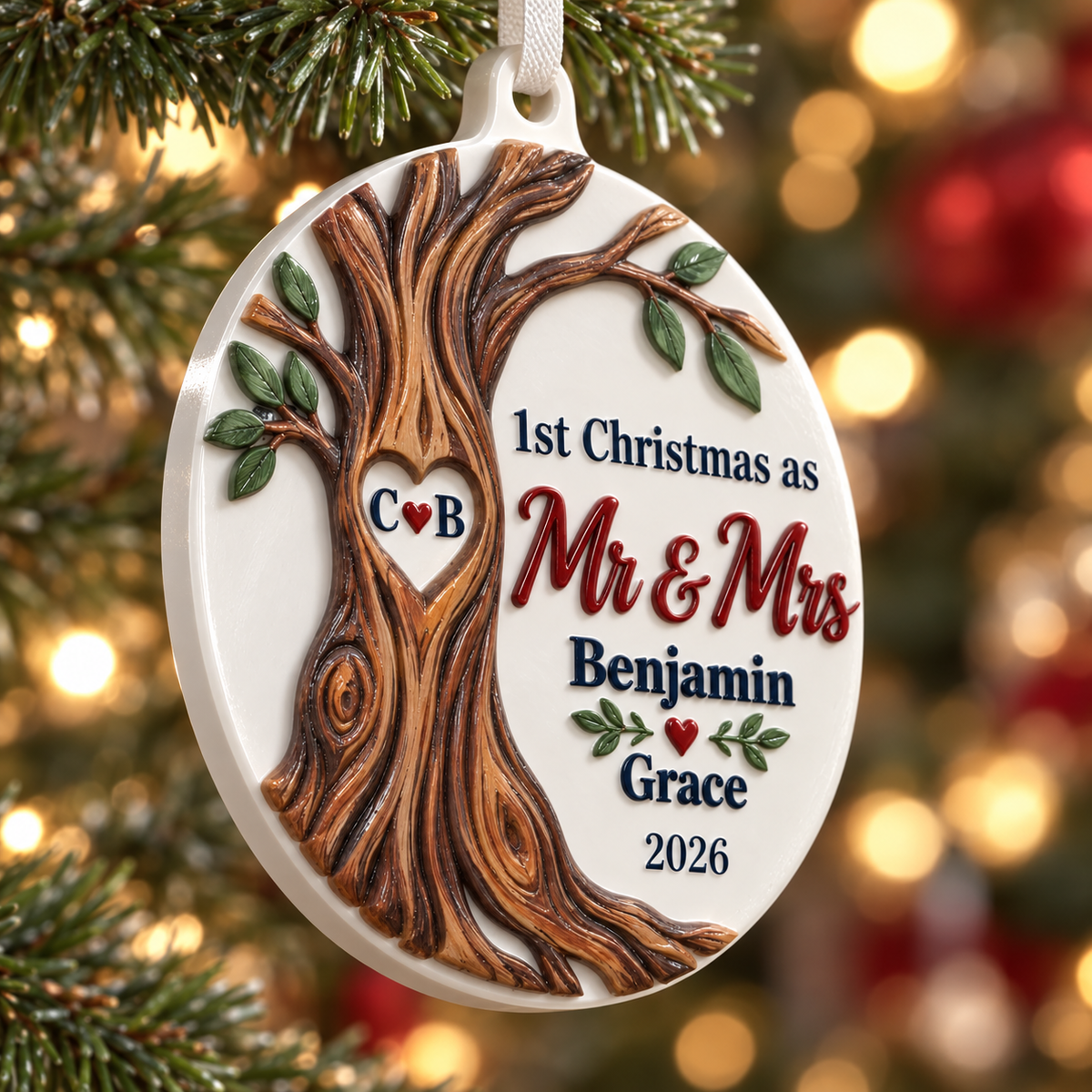 First Christmas as Mr and Mrs Round Holiday Hanging Decoration with Carved Tree Trunk - 3D Relief Ornament