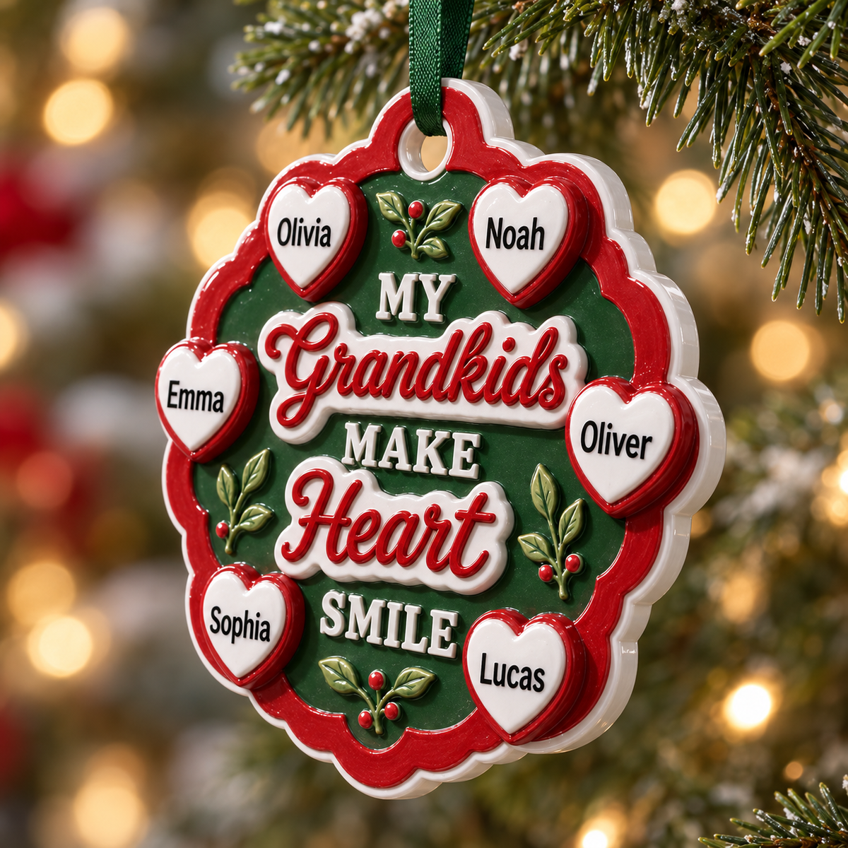 Grandkids Make Heart Smile Red and Green Scalloped Tree Keepsake - 3D Relief Ornament
