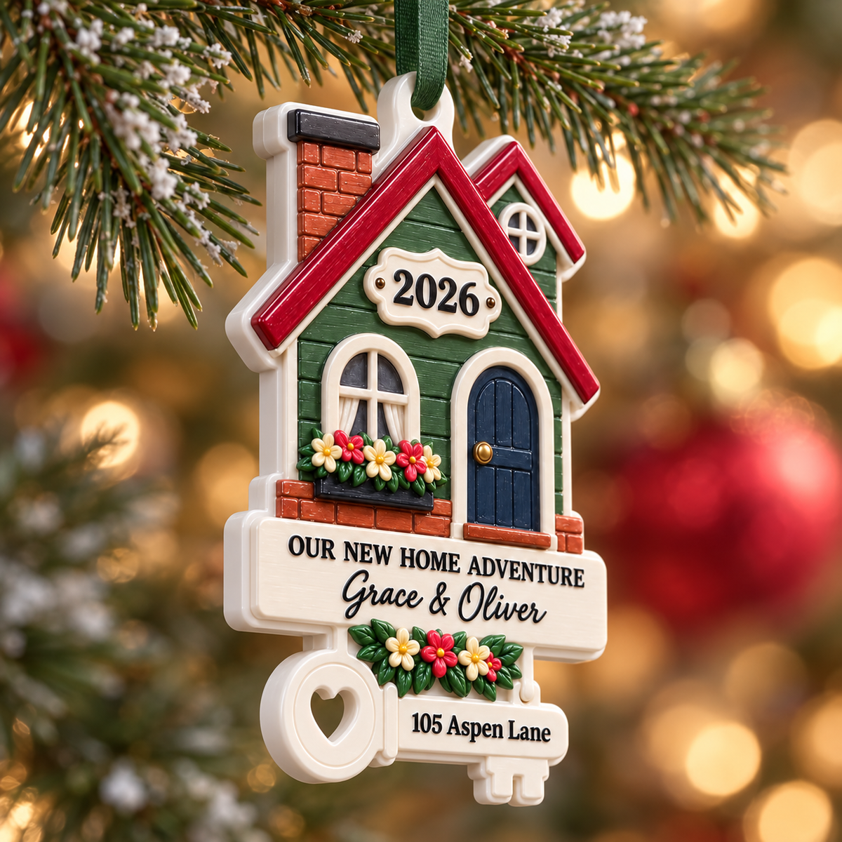 New Home Adventure House and Key Shaped Christmas Tree Hanging Decor - 3D Relief Ornament