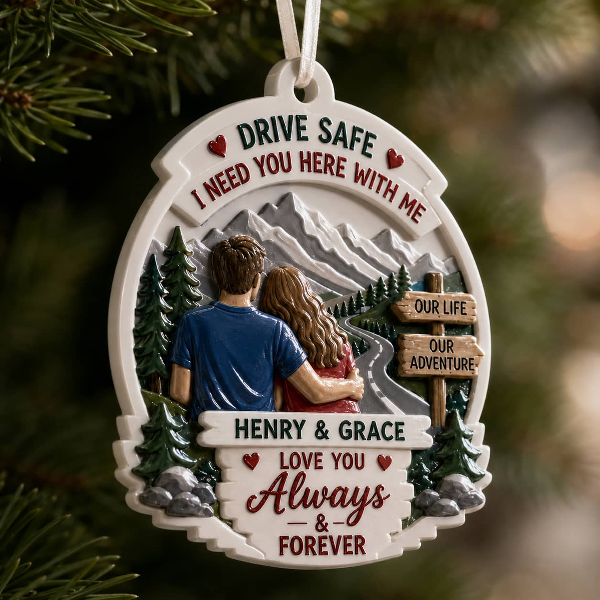 Drive Safe Couple Keepsake, Oval Mountain Scenery and Pine Trees Hanging Decor - 3D Relief Ornament