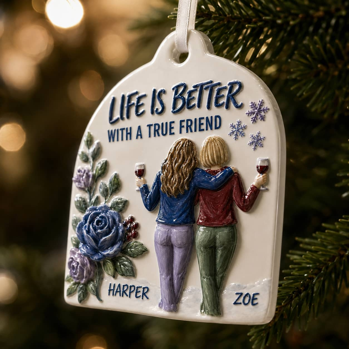 Friendship Keepsake with Two Women Toasting Wine - 3D Relief Ornament