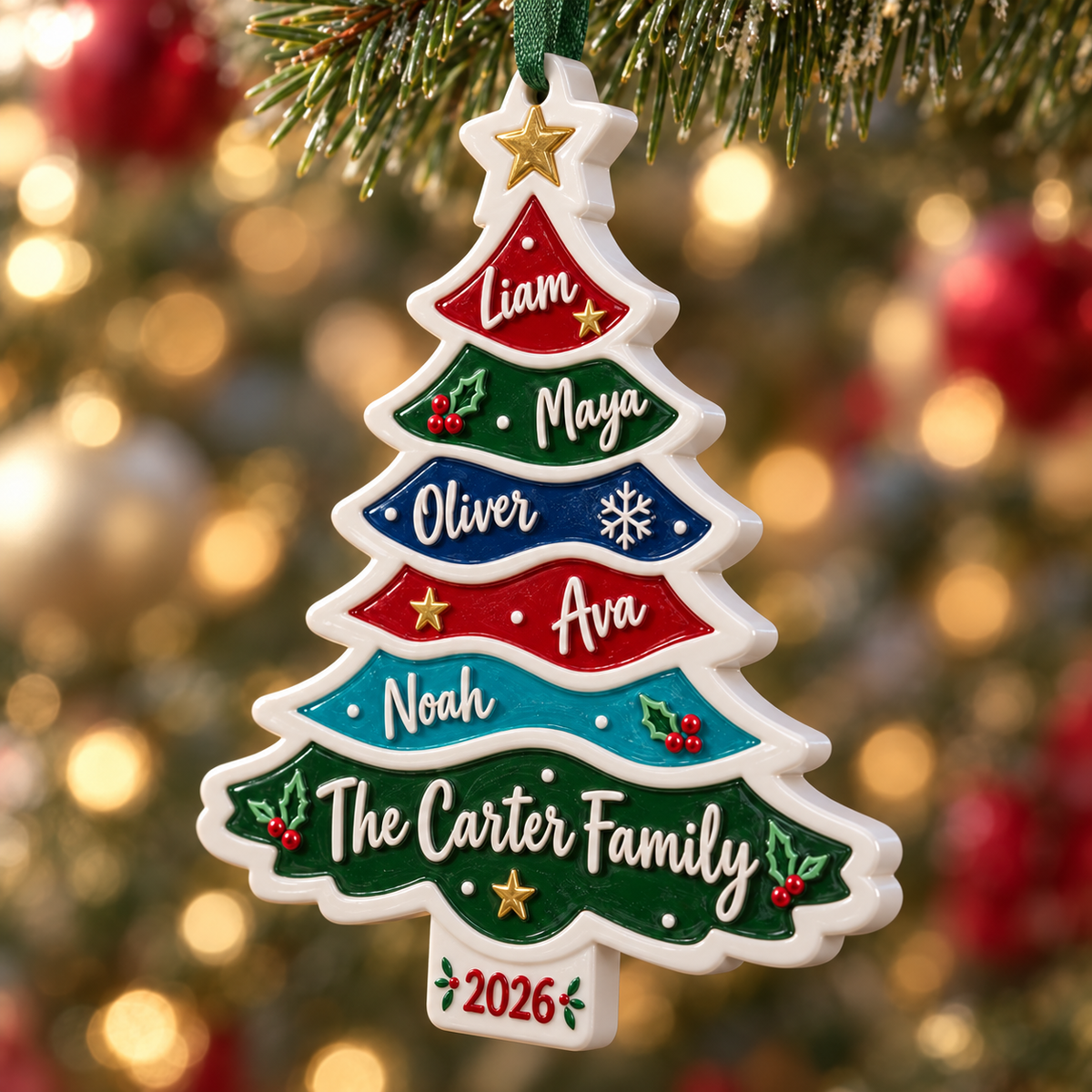 Family Christmas Tree Multicolor Tiered Plaque Hanging Keepsake - 3D Relief Ornament