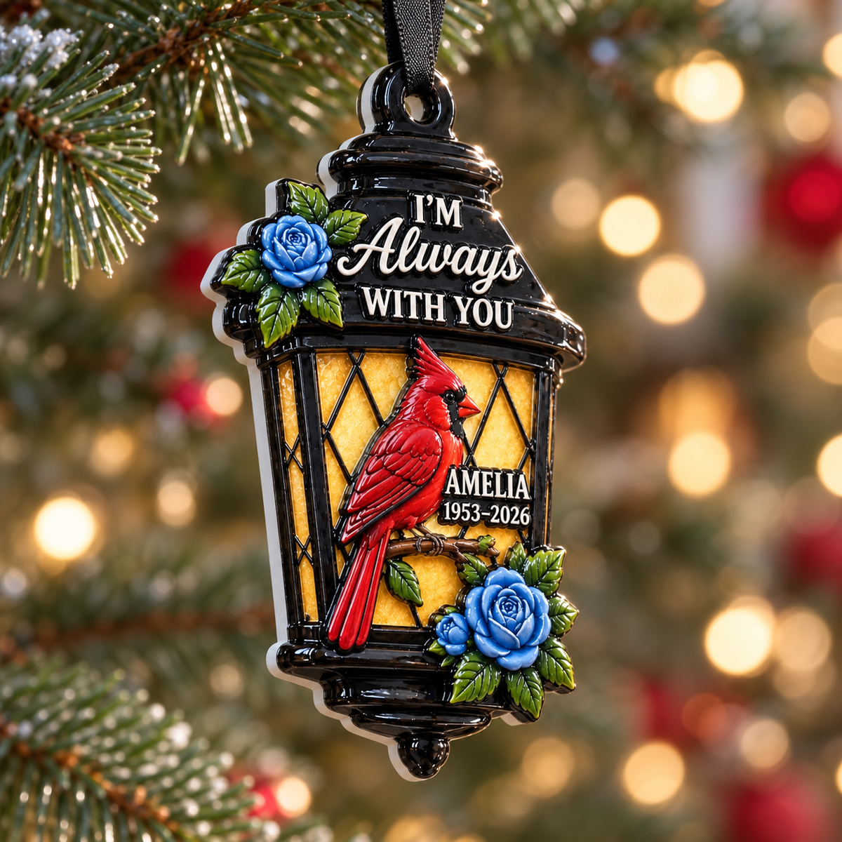 Red Cardinal Memorial Lantern Hanging Keepsake with Blue Roses - 3D Relief Ornament