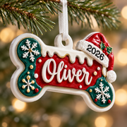 Dog Bone Christmas Tree Hanging Decor with Red Santa Hat and Snowflakes - 3D Relief Ornament