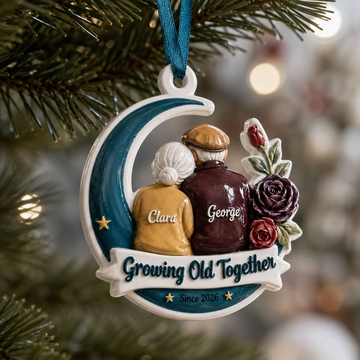 Growing Old Together Couple Keepsake, Elderly Pair on Crescent Moon Ceramic Decor - 3D Relief Ornament