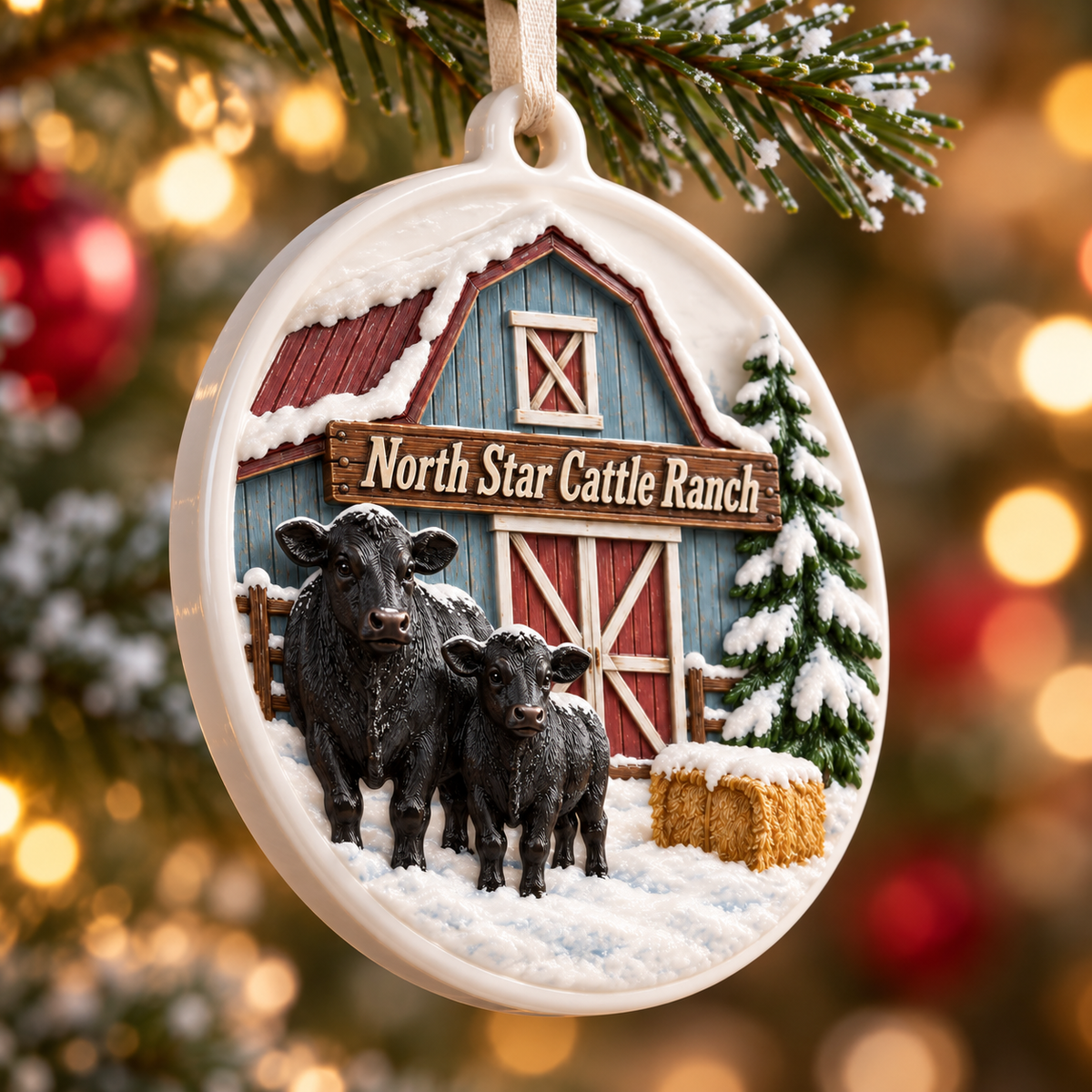 Personalized Cattle Ranch Farm Winter Barn Christmas Hanging Keepsake - 3D Relief Ornament