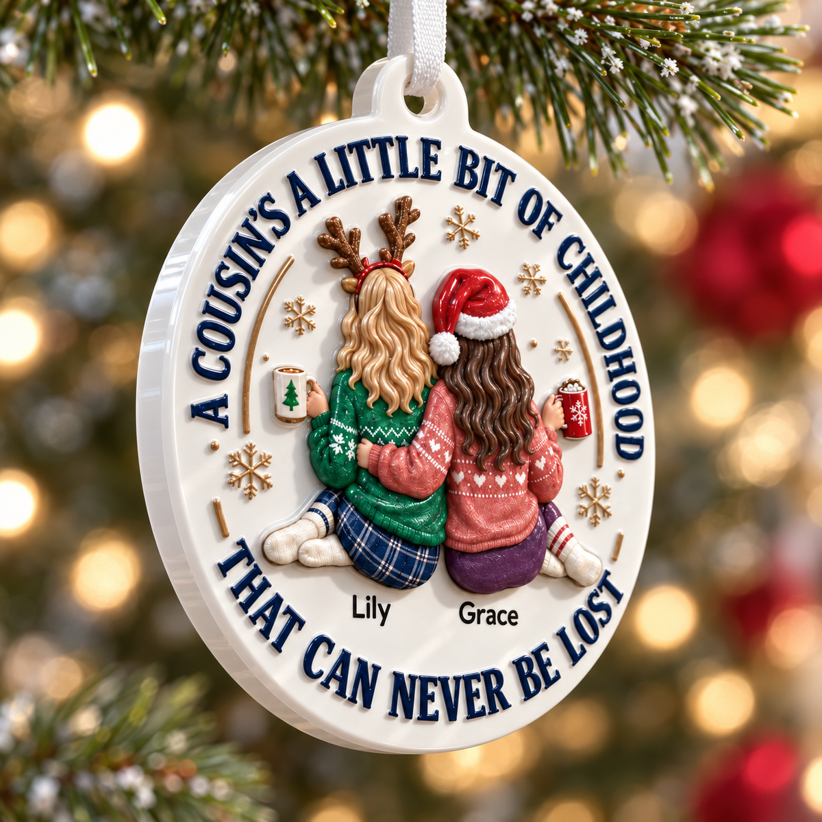 Christmas Tree Keepsake with Cousins Quote, Round Holiday Decor - 3D Relief Ornament