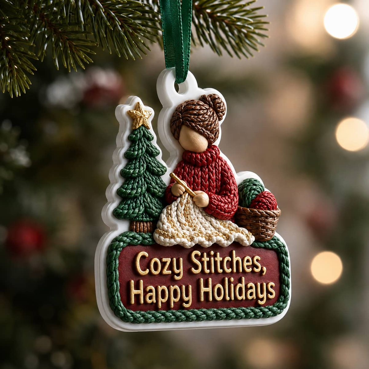 Knitting Woman Christmas Tree Decoration with Yarn Basket and Ribbon - 3D Relief Ornament