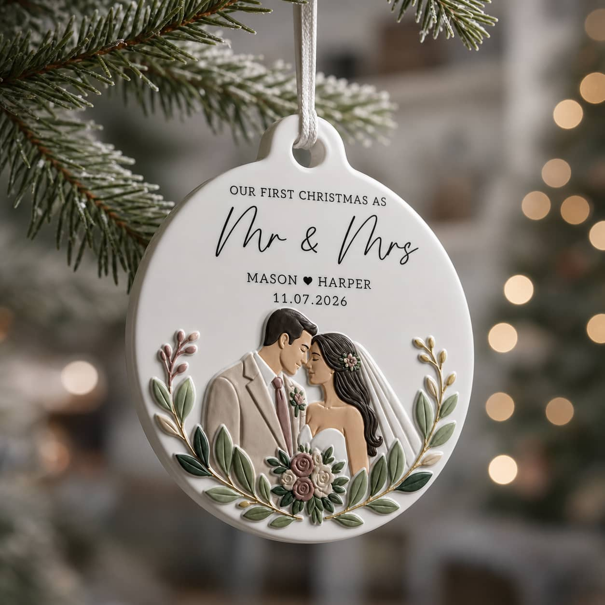 First Christmas Mr and Mrs Wedding Couple Round Keepsake - 3D Relief Ornament