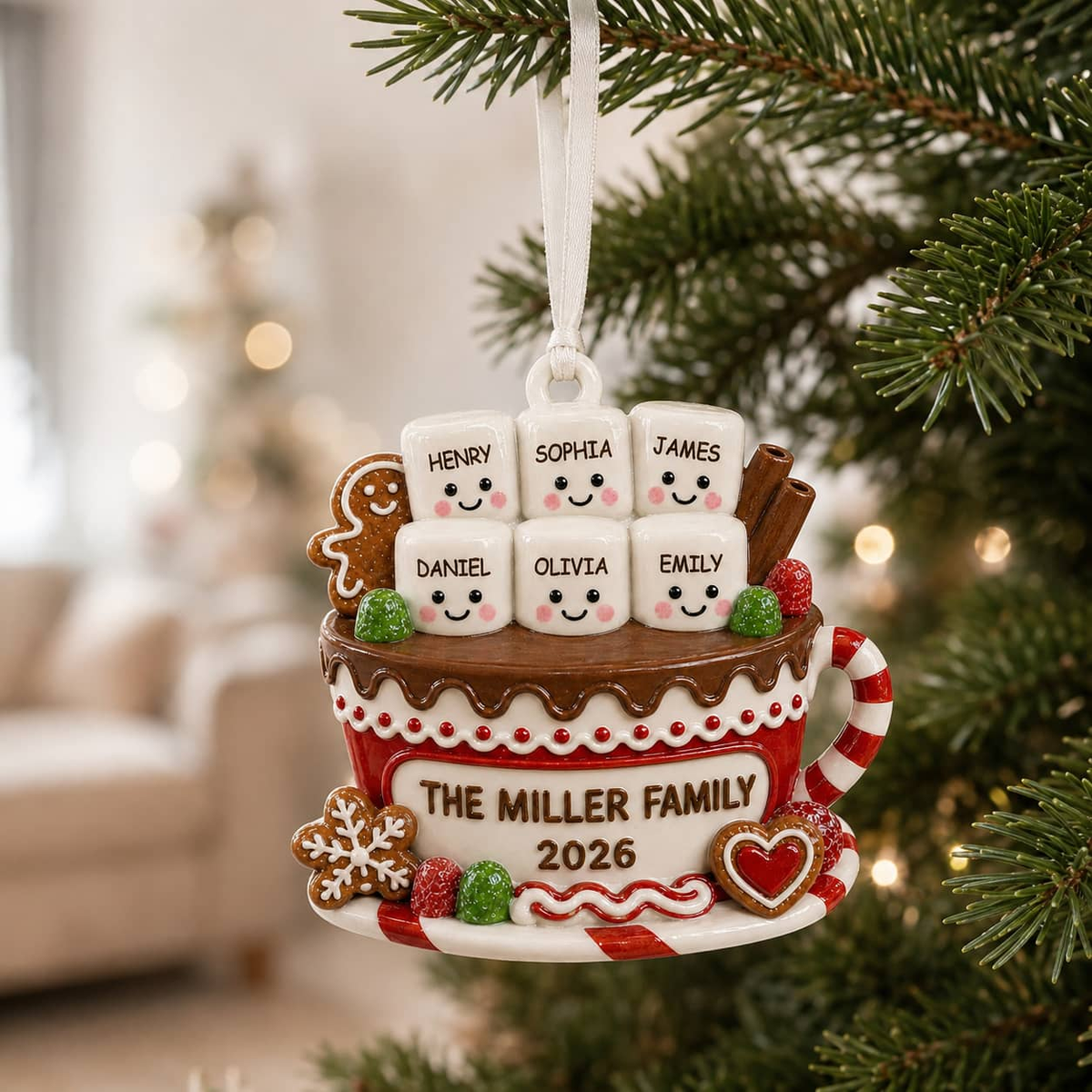 Hot Chocolate Mug Family Marshmallow Christmas Keepsake - 3D Relief Ornament