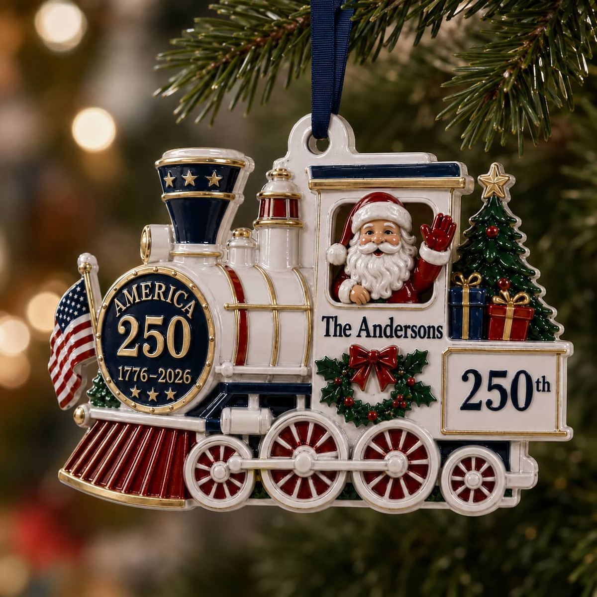 America 250 Santa Steam Train Patriotic Holiday Keepsake with Ribbon - 3D Relief Ornament