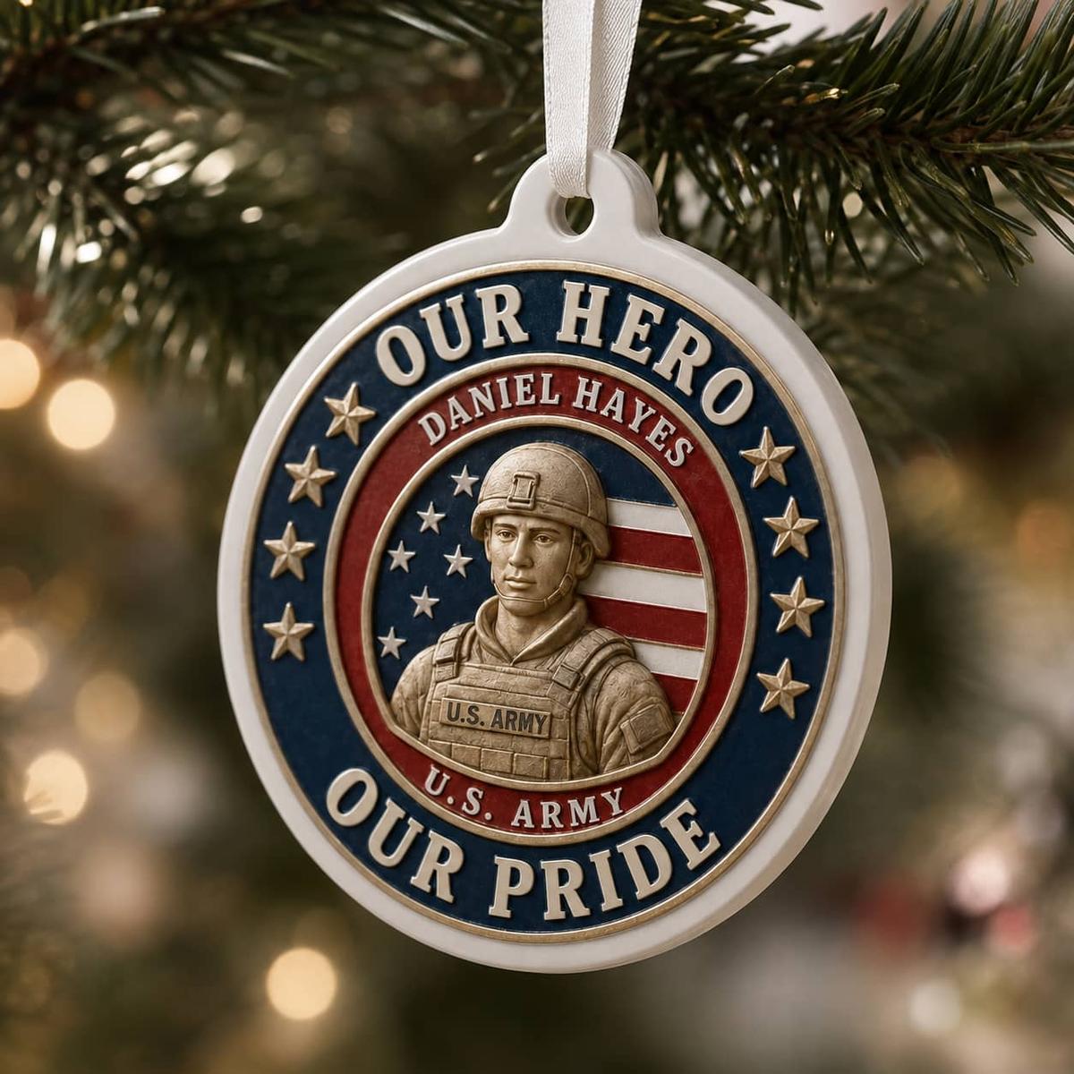 Personalized US Army Soldier Our Hero Our Pride Christmas Keepsake - 3D Relief Ornament