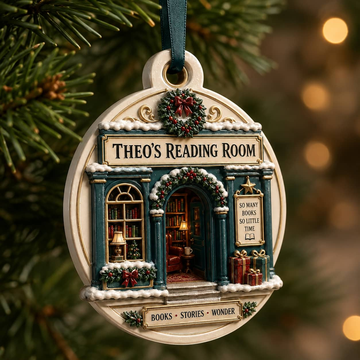 Reading Room Bookstore Facade Ceramic Holiday Keepsake with Ribbon - 3D Relief Ornament