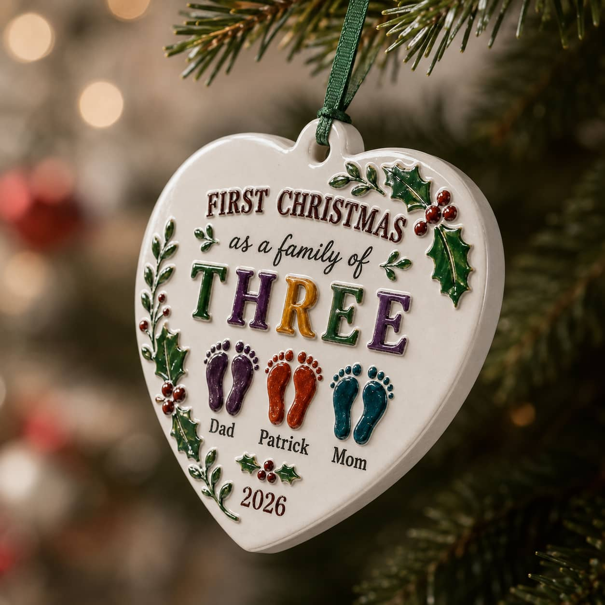 First Christmas Family of Three Heart Ceramic Keepsake with Ribbon - 3D Relief Ornament