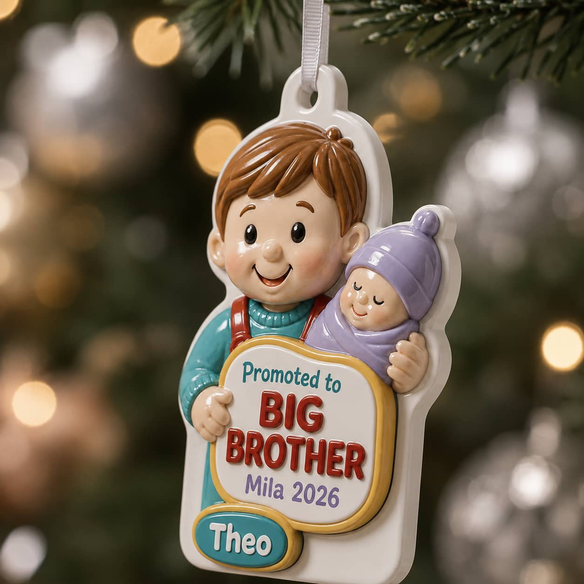 Promoted to Big Brother Holding Baby Sibling Christmas Keepsake - 3D Relief Ornament