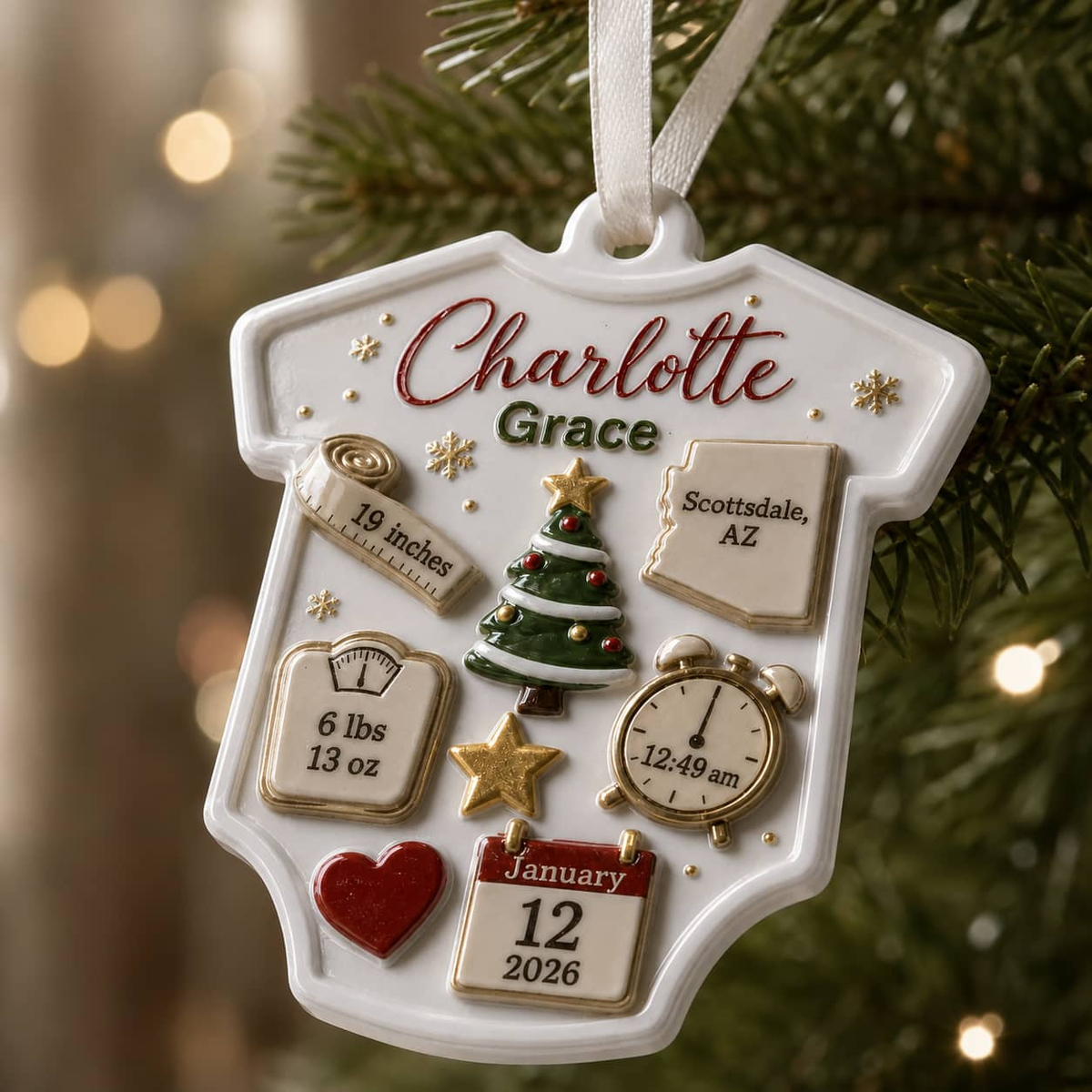 Baby Bodysuit Birth Stats Christmas Keepsake Hanging Holiday Decor - 3D Relief Ornament