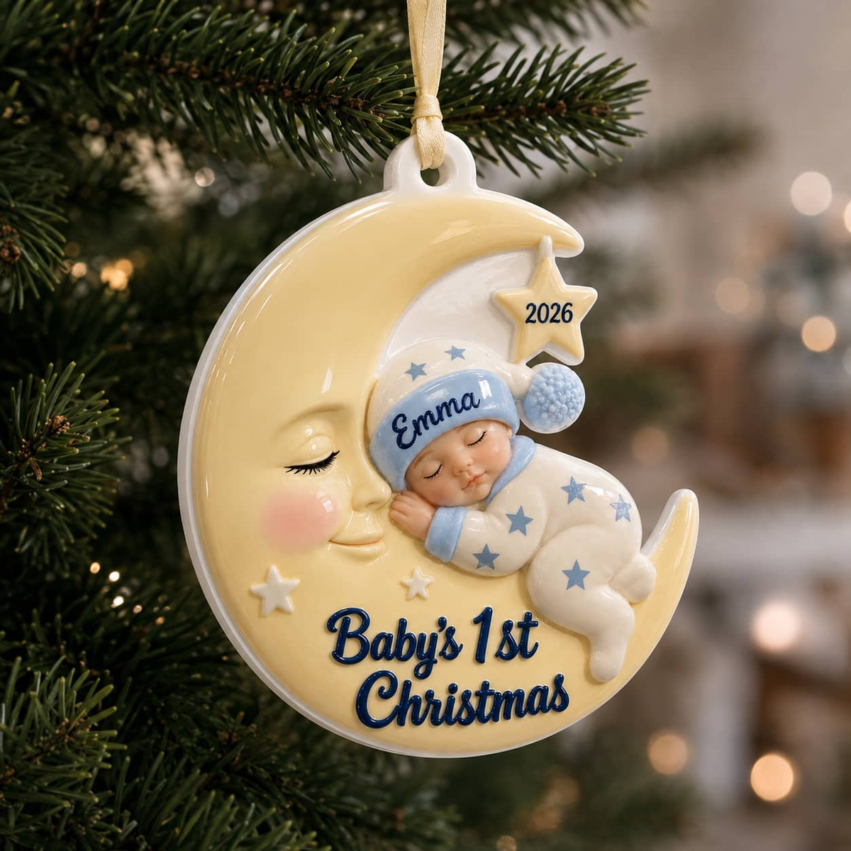 Baby's First Christmas Sleeping Infant on Crescent Moon Holiday Keepsake - 3D Relief Ornament