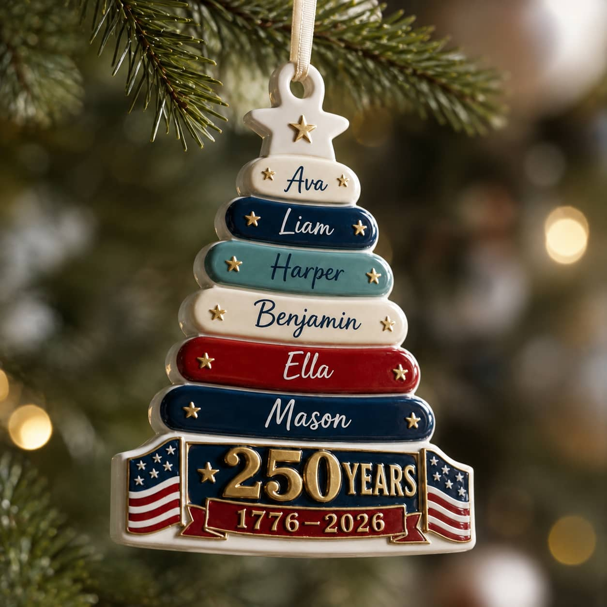 USA 250 Years 1776-2026 Patriotic Christmas Family Tree Keepsake - 3D Relief Ornament