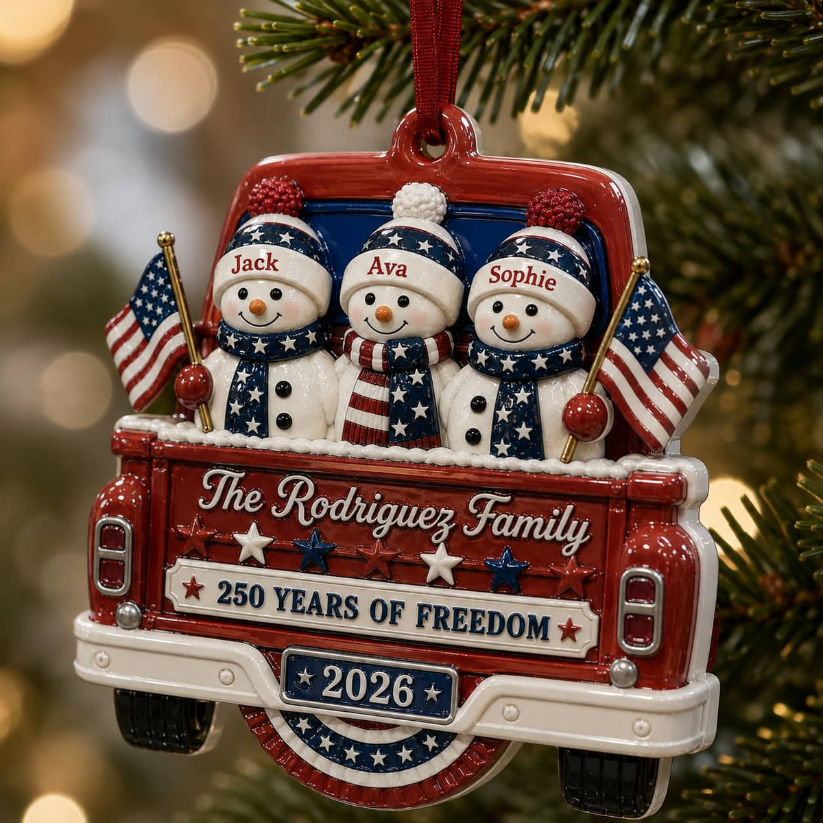 Christmas Snowman Pickup Truck Holiday Decor, Patriotic Red White Blue Design - 3D Relief Ornament