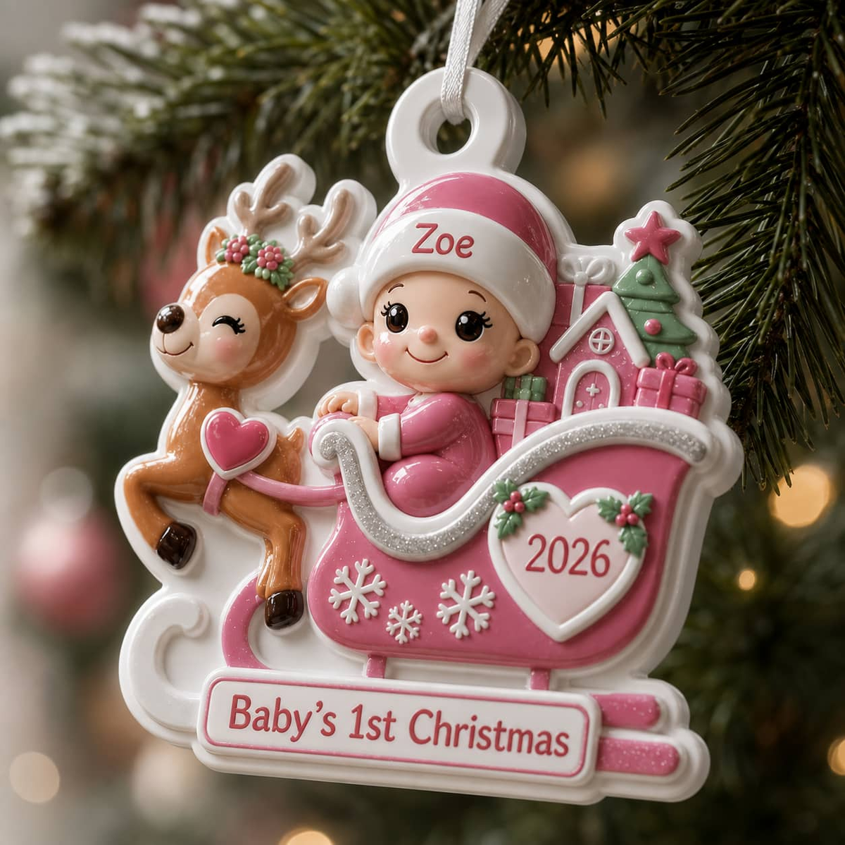 Baby's First Christmas Pink Reindeer Sleigh Holiday Keepsake - 3D Relief Ornament