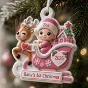 Baby's First Christmas Pink Reindeer Sleigh Holiday Keepsake - 3D Relief Ornament