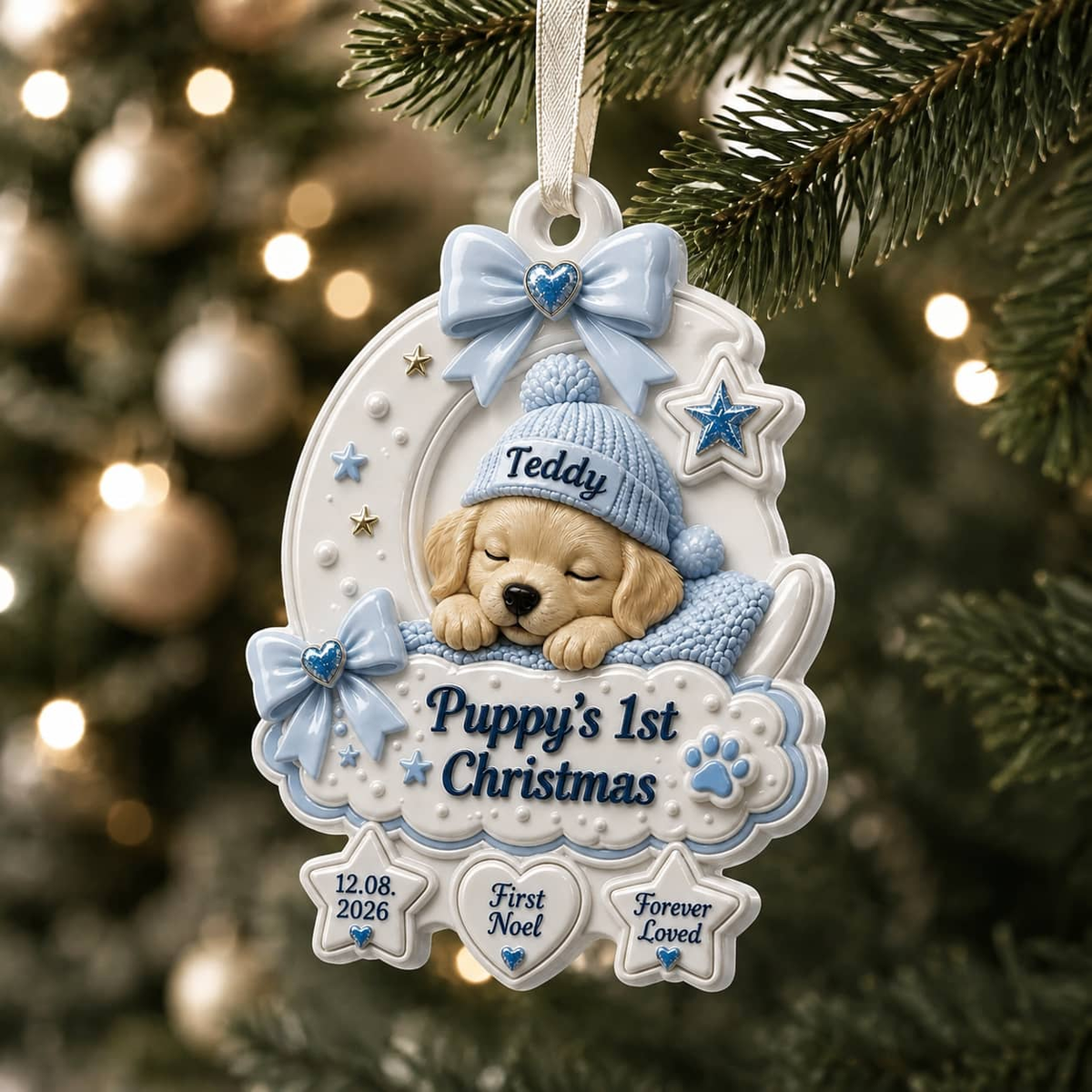 Puppy’s First Christmas Crescent Moon Holiday Decor, Blue Bow and Sleeping Puppy Design - 3D Relief Ornament
