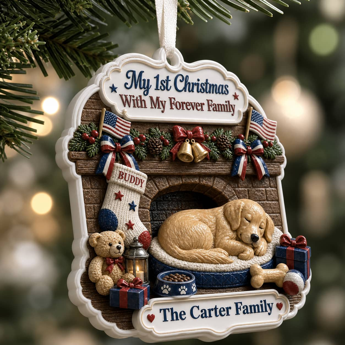 Holiday Tree Decoration, First Christmas Sleeping Puppy by Fireplace - 3D Relief Ornament