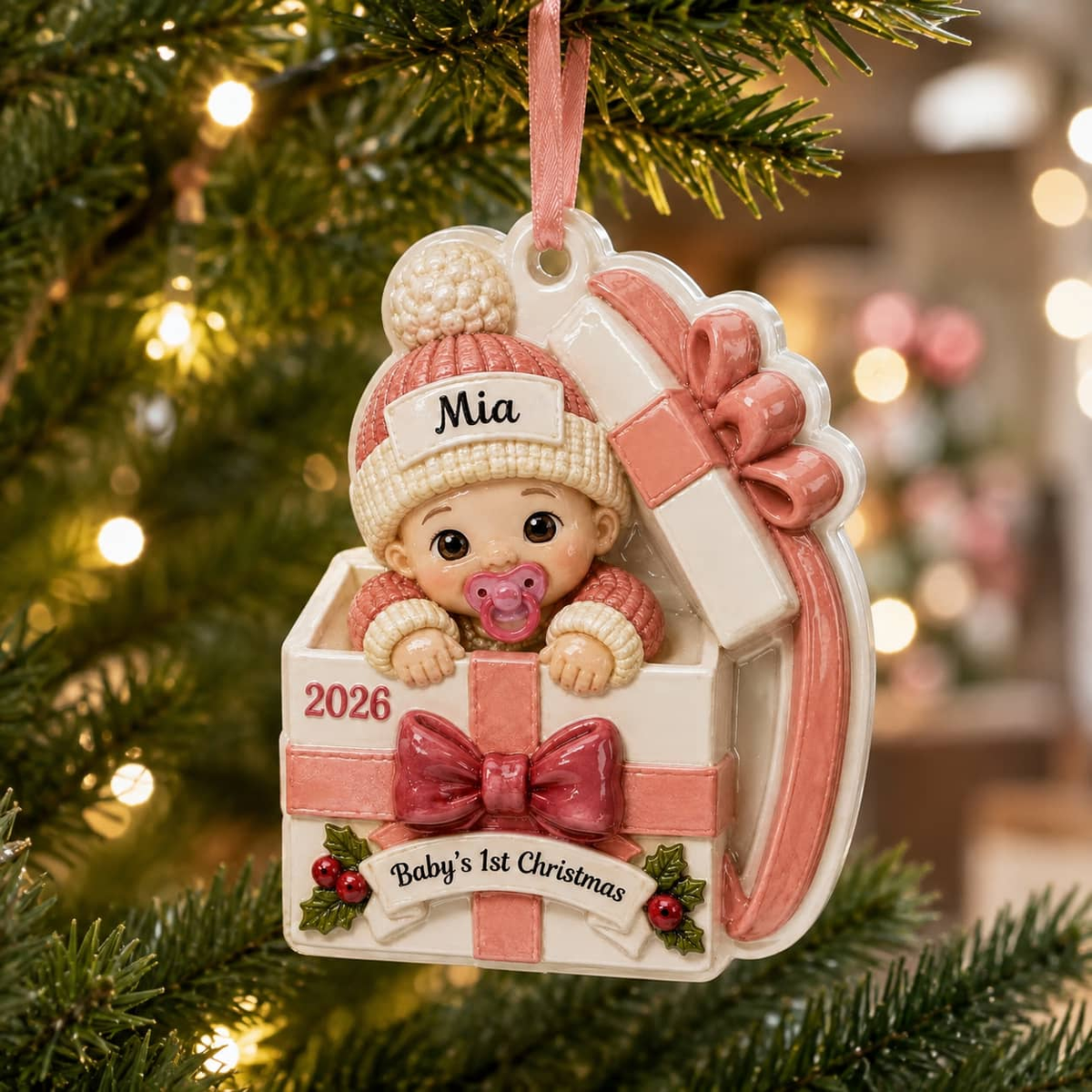 Baby's First Christmas Infant in Pink Present Box Holiday Keepsake - 3D Relief Ornament