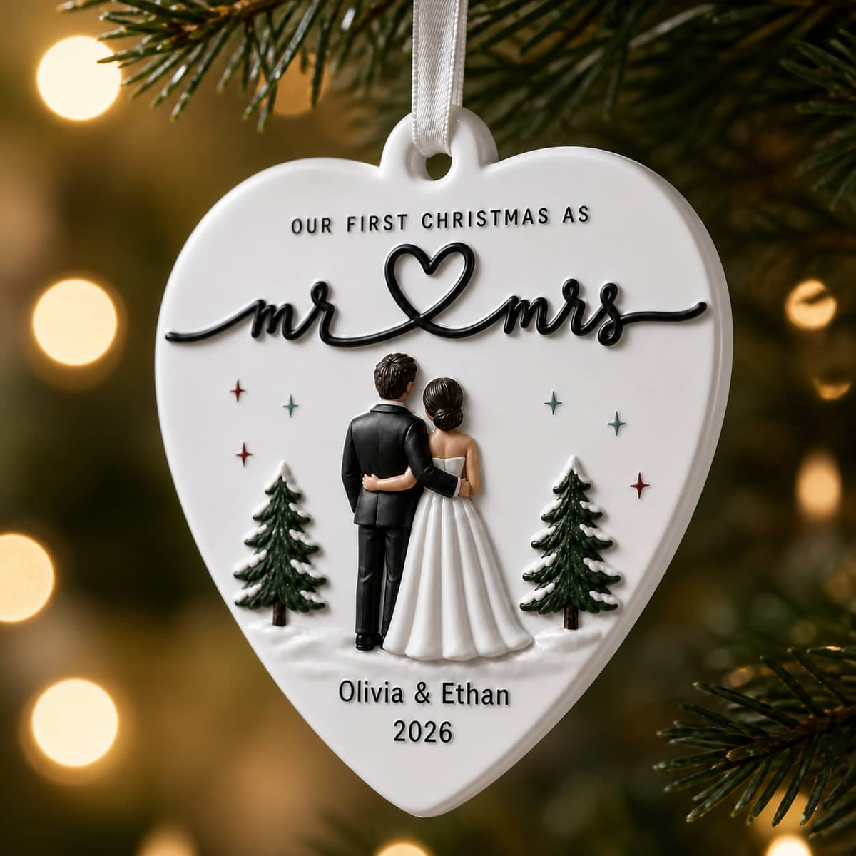 First Christmas Mr and Mrs Wedding Couple Heart Keepsake - 3D Relief Ornament