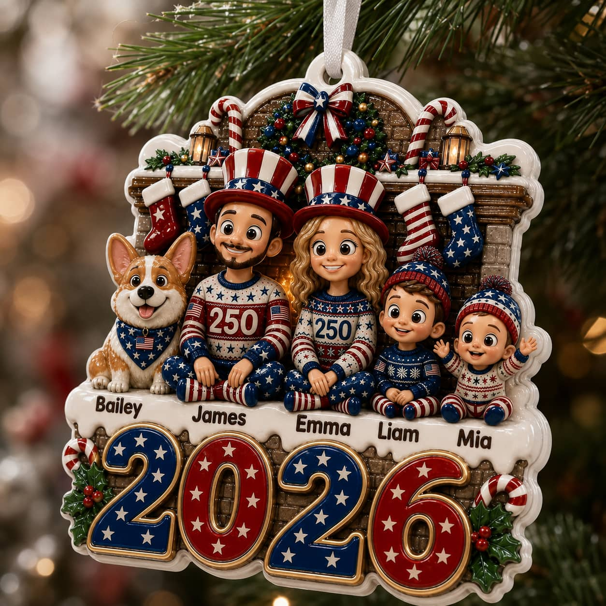 Christmas Family Decoration with Cartoon Family and Dog, 2026 Patriotic Red White Blue Design - 3D Relief Ornament