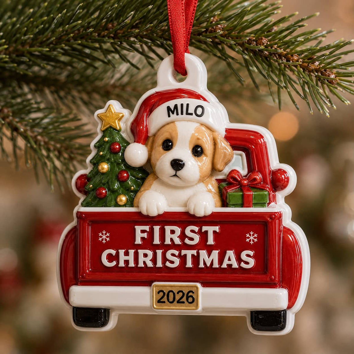 First Christmas 2026 Red Truck Puppy Christmas Tree Decoration, Red 3D Relief Design - 3D Relief Ornament