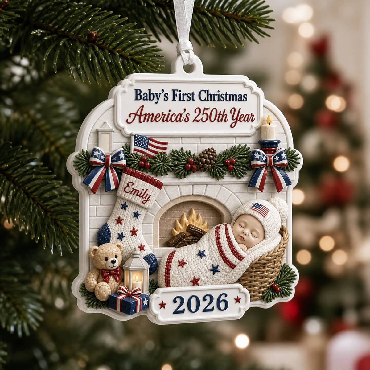 Baby's First Christmas 2026 Hanging Keepsake, America's 250th Year Patriotic Fireplace - 3D Relief Ornament