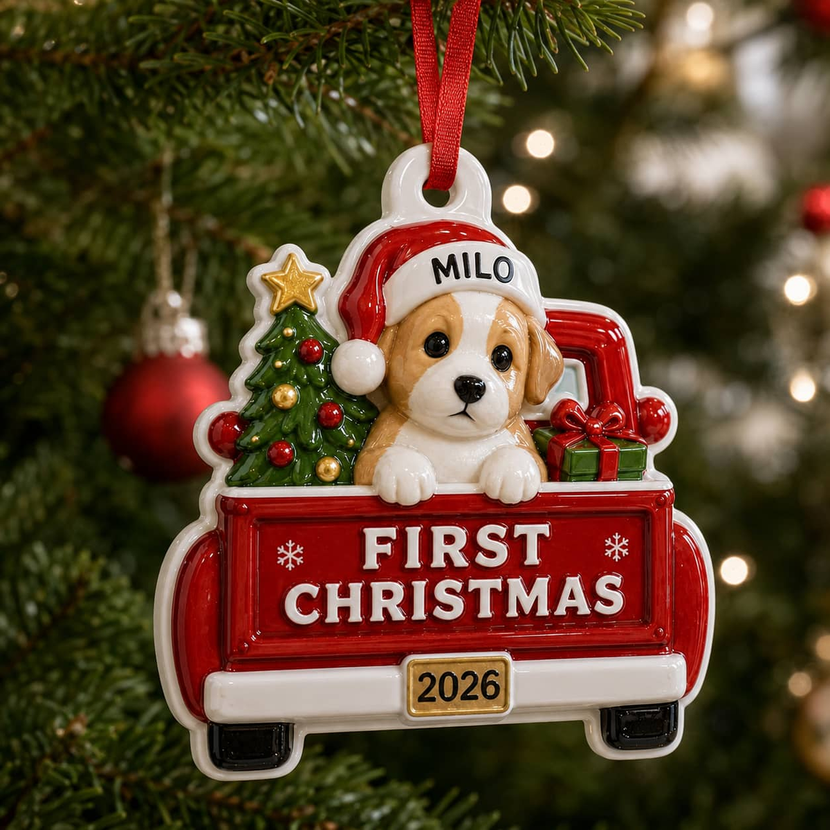 First Christmas 2026 Red Truck Puppy Christmas Tree Decoration, Red 3D Relief Design - 3D Relief Ornament