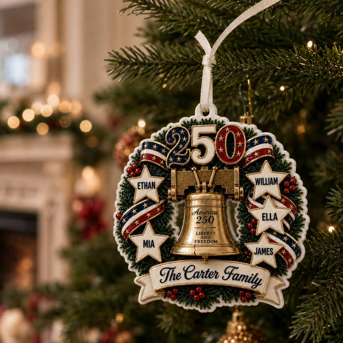 Patriotic Liberty Bell Wreath 250th Anniversary Stars and Ribbon Decor - 3D Relief Ornament