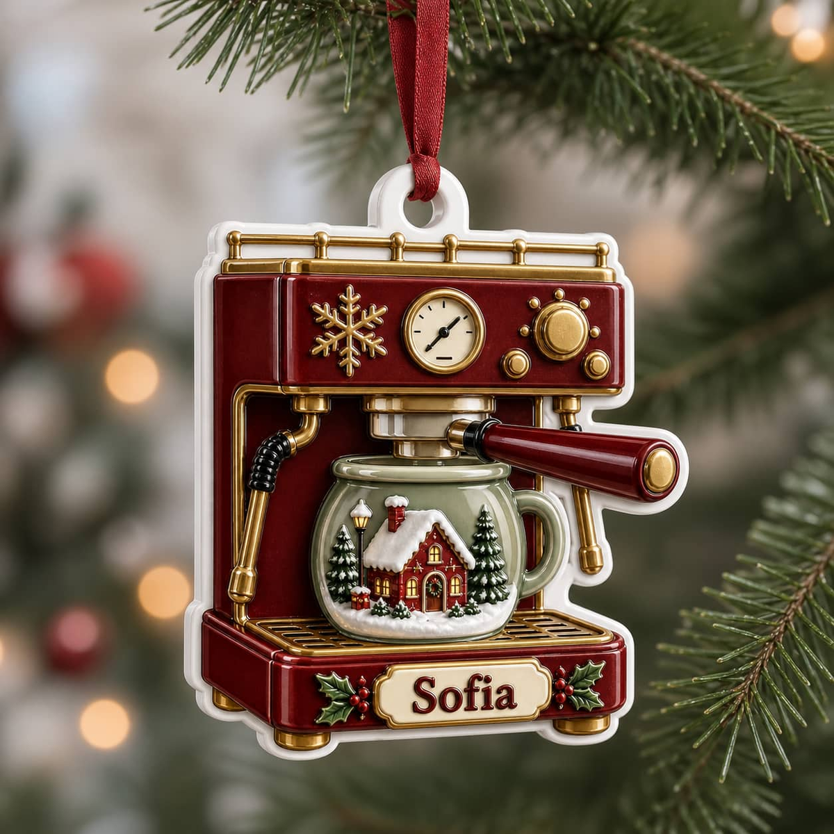 Retro Espresso Coffee Machine with Winter Village Mug Holiday Decor - 3D Relief Ornament