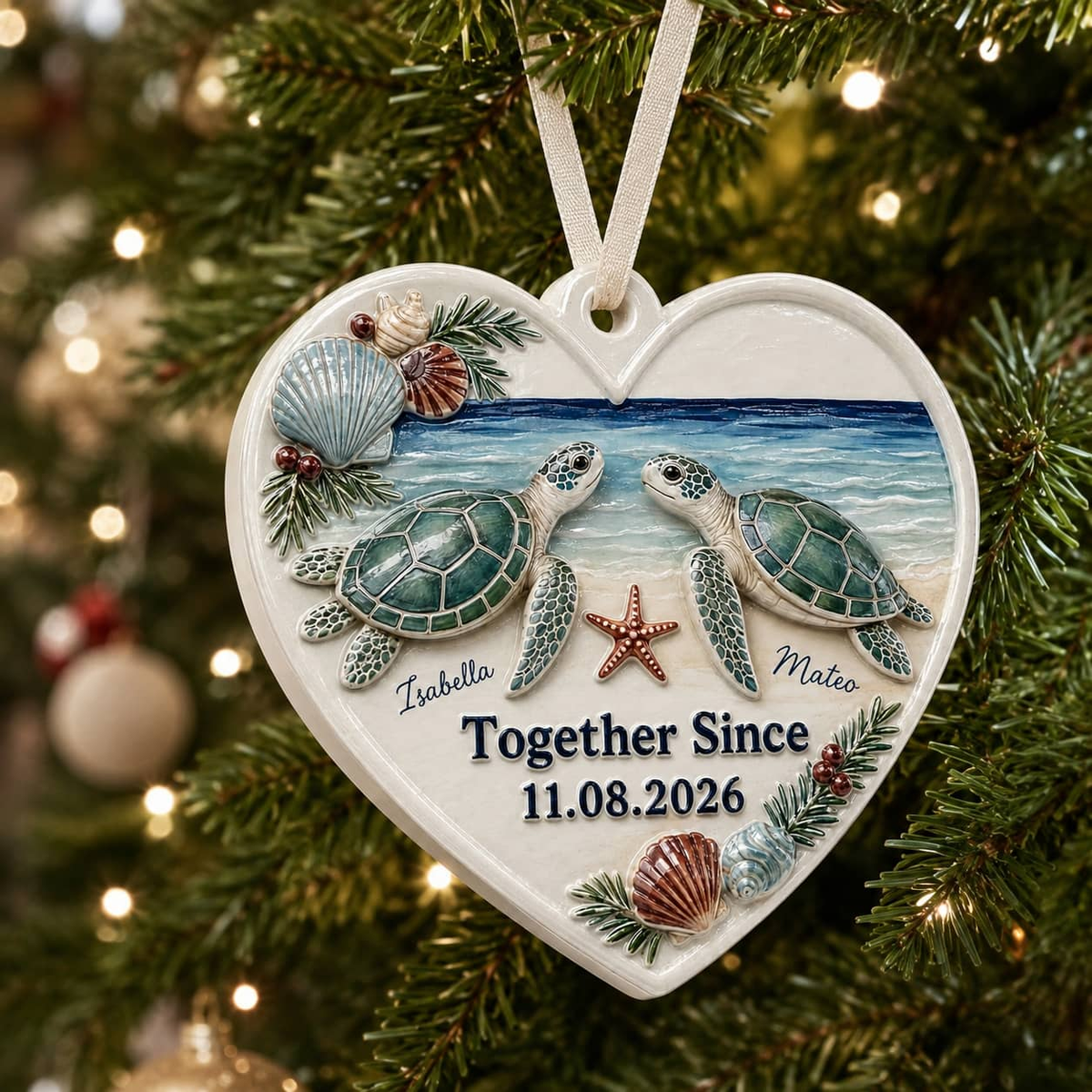 Heart Shaped Sea Turtle Couple Ocean Beach Holiday Tree Keepsake - 3D Relief Ornament