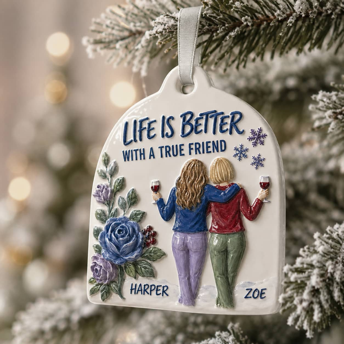 Friendship Keepsake with Two Women Toasting Wine - 3D Relief Ornament