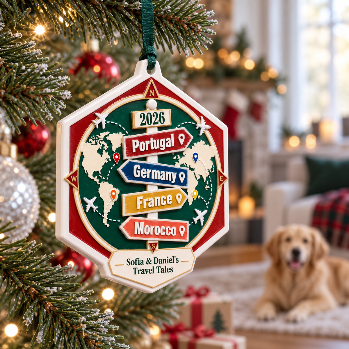 World Travel Map Vacation Signpost Compass Hexagon Hanging Keepsake - 3D Relief Ornament