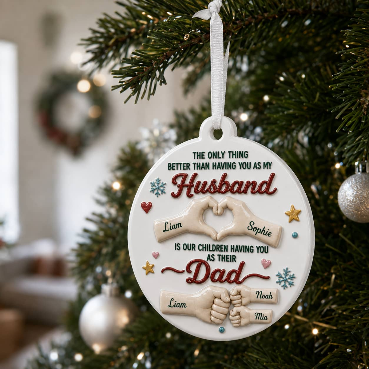 Husband and Dad Family Keepsake, Round White Fist Bump Heart Hands Hanging Decor - 3D Relief Ornament