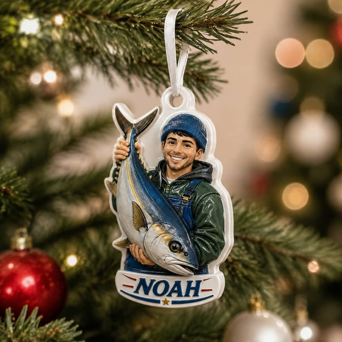 Fisherman Christmas Tree Keepsake Holding Saltwater Tuna Catch - 3D Relief Ornament