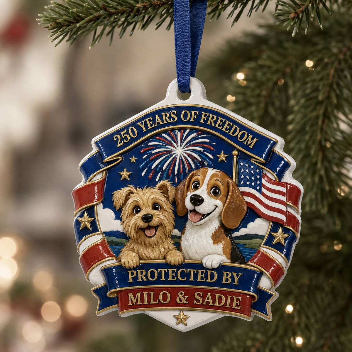 Patriotic Dogs Shield Christmas Tree Hanging Decor, 250 Years of Freedom - 3D Relief Ornament