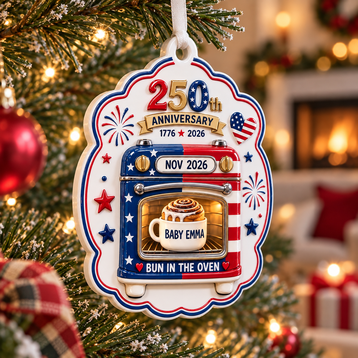 Patriotic 250th Anniversary Bun in the Oven Pregnancy Announcement Keepsake - 3D Relief Ornament